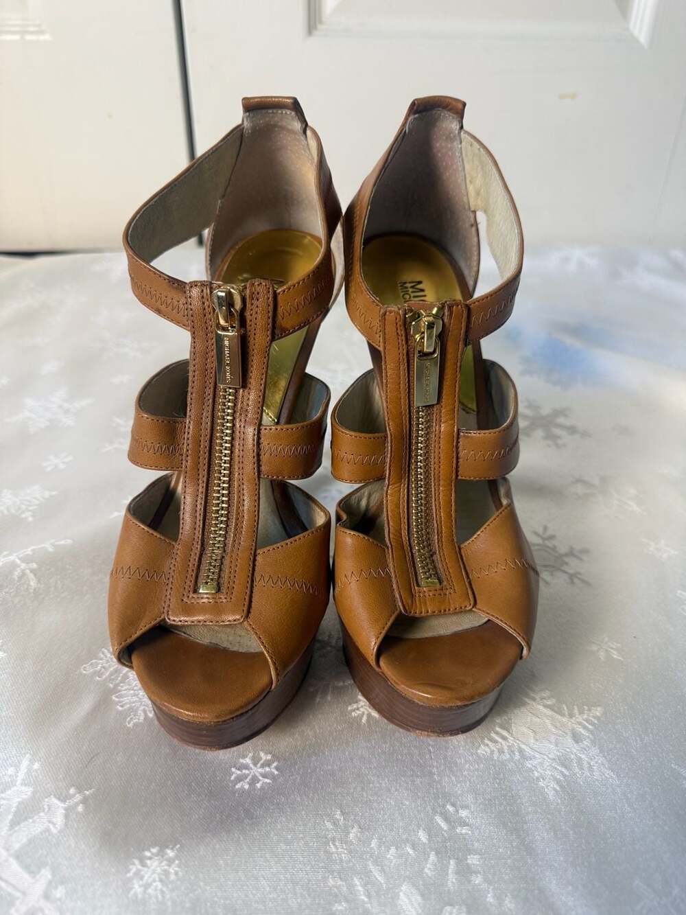 MICHAEL Michael Kors Brown Leather Platform Heels 7M Zip T-Strap Stiletto Y2K
